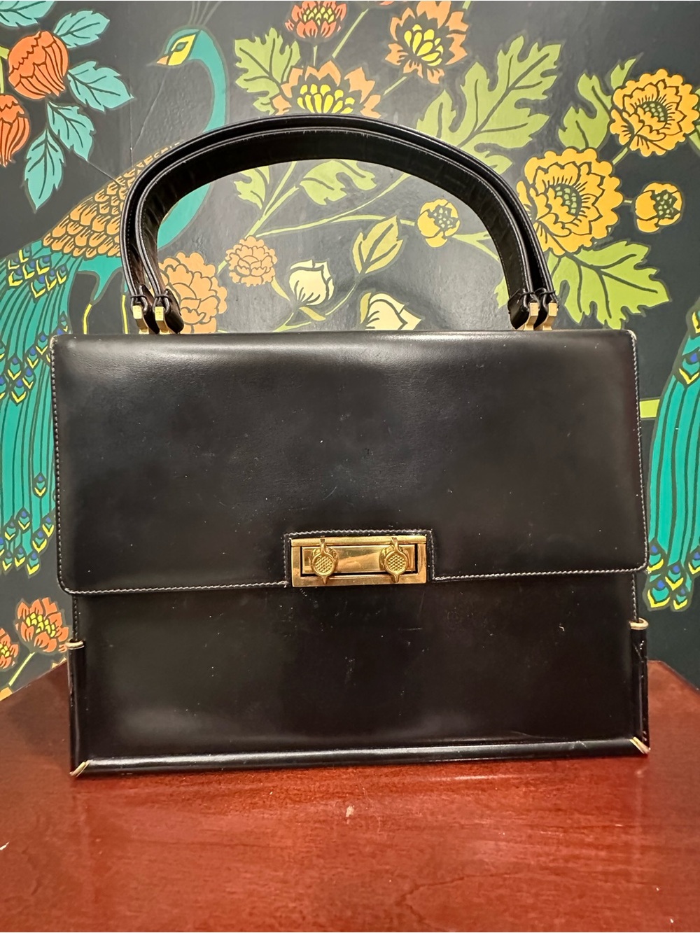 Vintage 1960s Black Structured Top Handle Bag with Red Interior - Picture 3 of 12